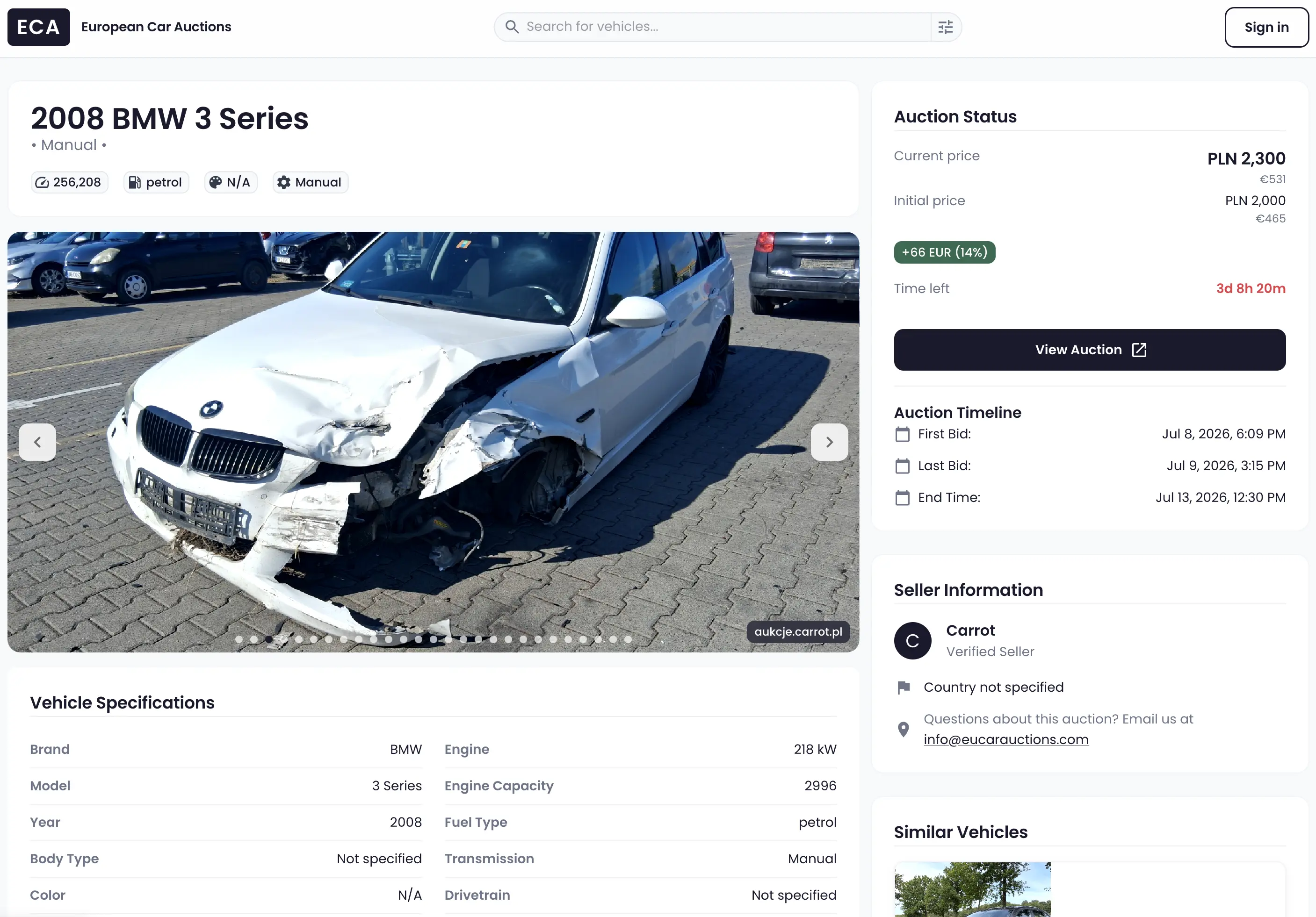 Auction details page with current price, time left, specifications and the View Auction button